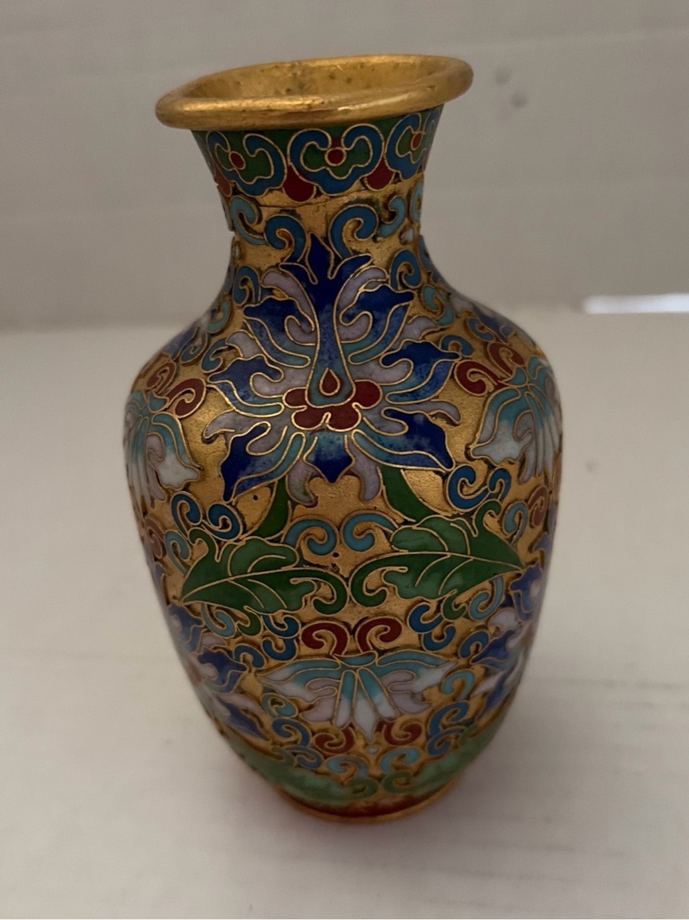 Antique-Style Cloisonné Floral Mini Vase in Gold, Blue & Green